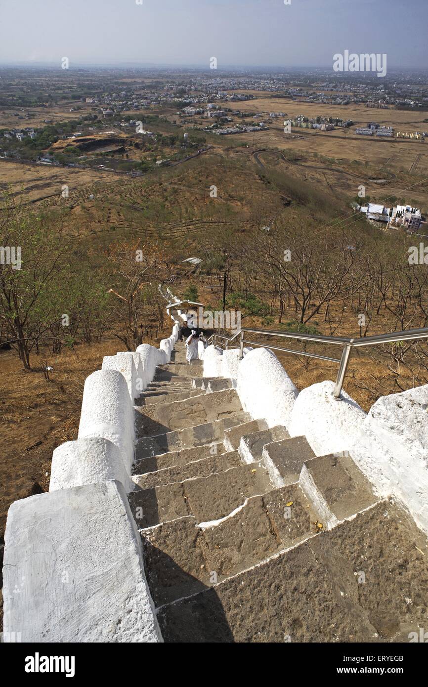 Steps of cave temple digambar Jain Gajpanth Pahad Mahsrul ; Nasik ; Maharashtra ; India Stock Photo