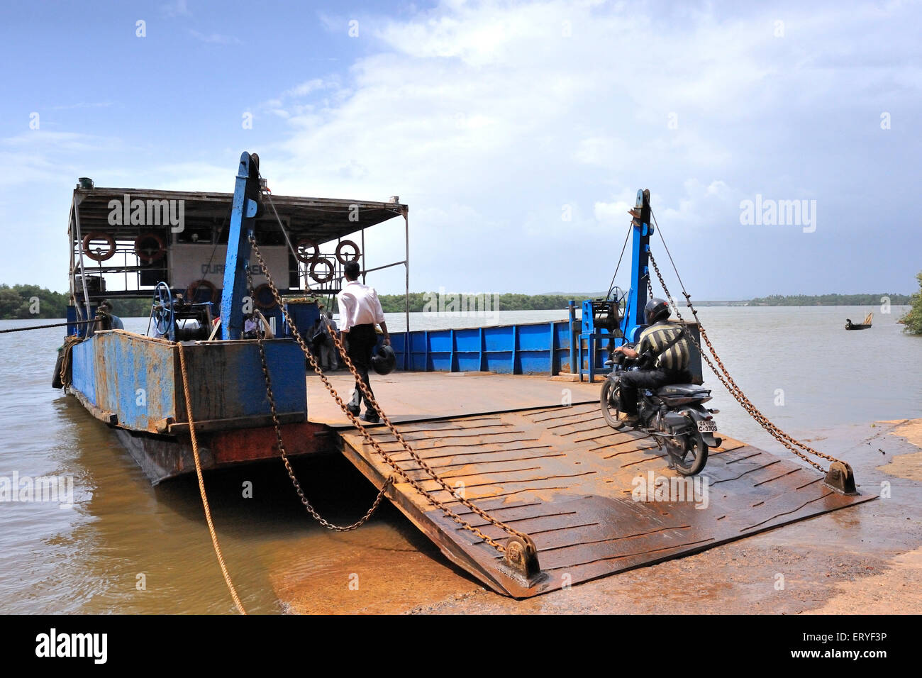 Ferry boat to carry vehicles and passengers , river Mandovi ; Mahadayi or Mhadei river , Old Goa ; Goa , India , Asia Stock Photo