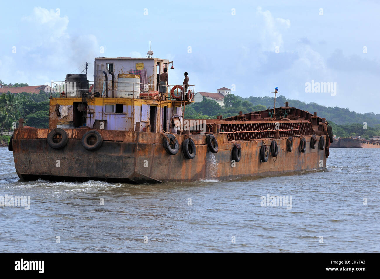 Barge , river Mandovi ; Mahadayi or Mhadei river , Old Goa ; Goa , India , Asia Stock Photo
