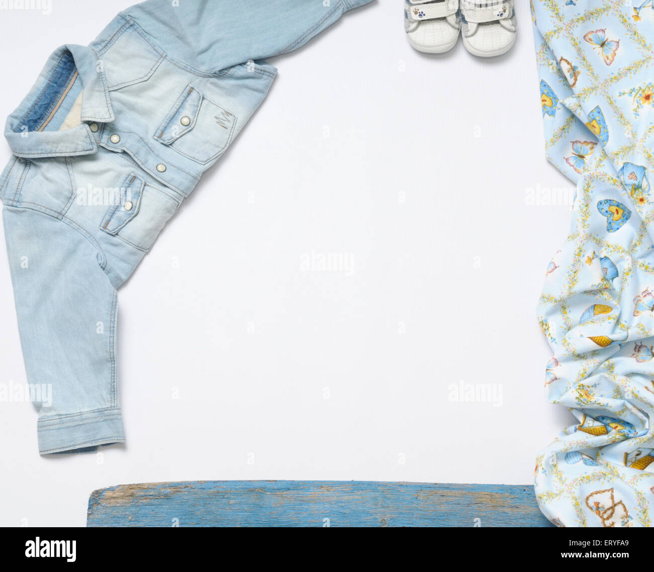 top view fashion trendy look of baby clothes and toy stuff, baby fashion concept Stock Photo
