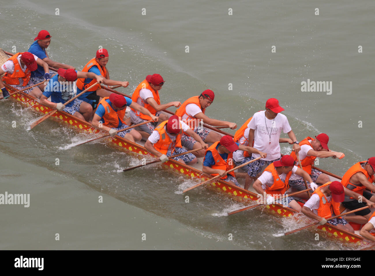 Xiangyang, China. 10th June, 2015. People practice dragon boat racing ...