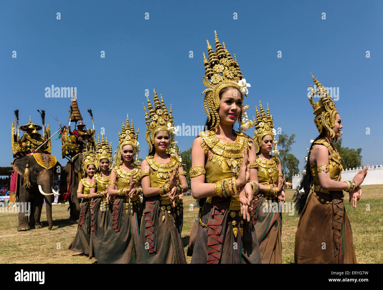 Apsara dancers in traditional costumes at the Elephant Festival, Surin,  Surin Province, Isan, Isaan, Thailand Stock Photo - Alamy