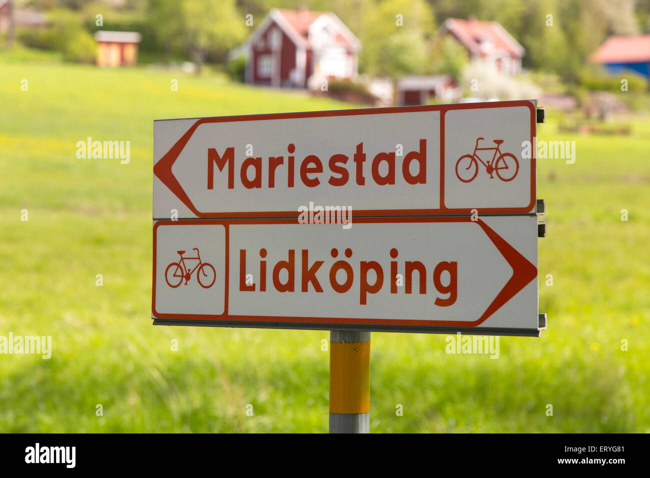 Signs, cycling path to Mariestad and Lidköping, Sweden Stock Photo
