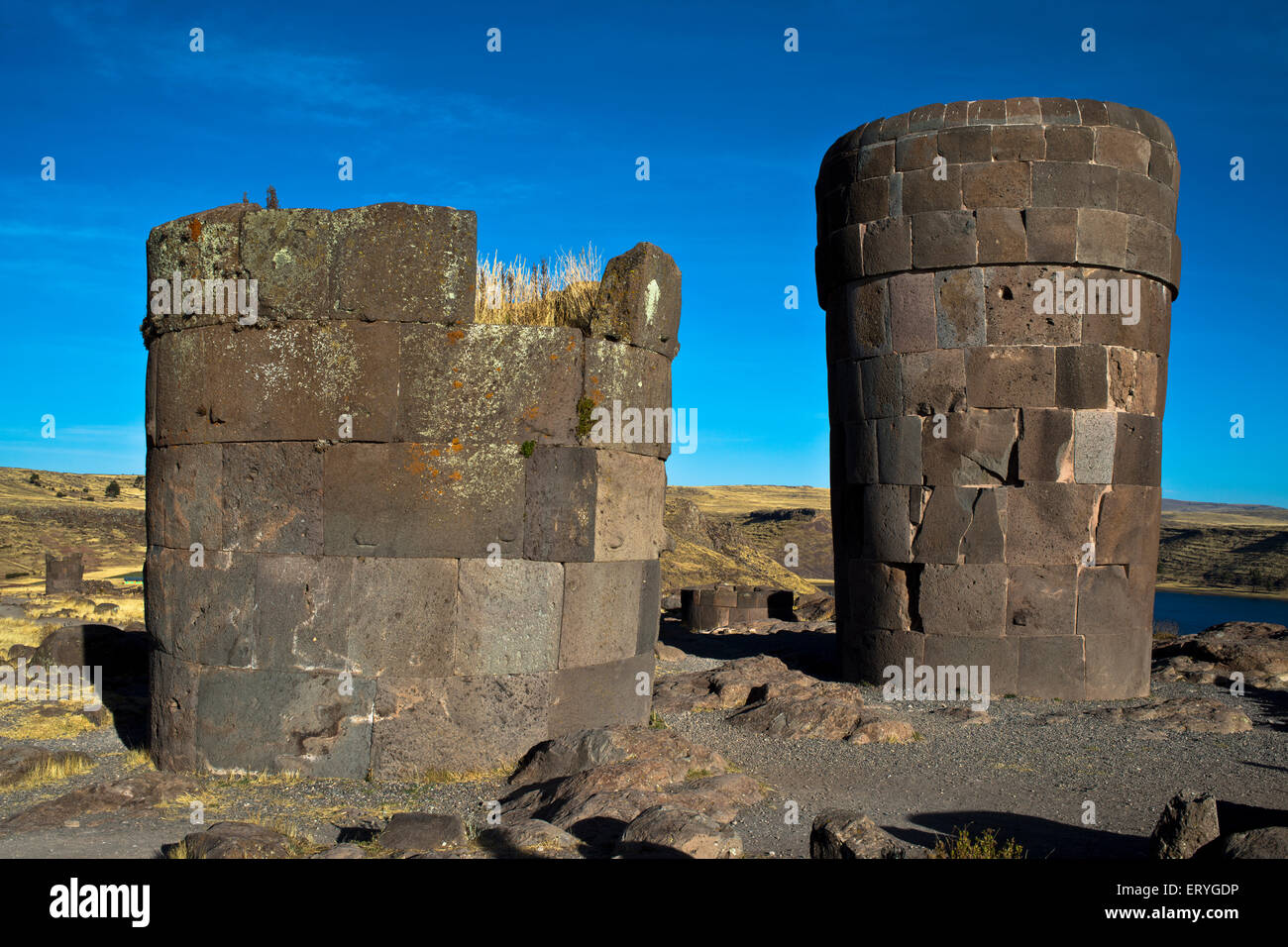 Grave towers of Sillustani, also Chullpas, funeral towers of the Aymara Indians, Colla culture, Umayo Lake, Sillustani Stock Photo