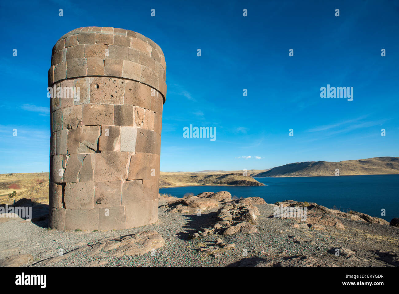 Grave towers of Sillustani, also Chullpas, funeral towers of the Aymara Indians, Colla culture, Umayo Lake, Sillustani Stock Photo