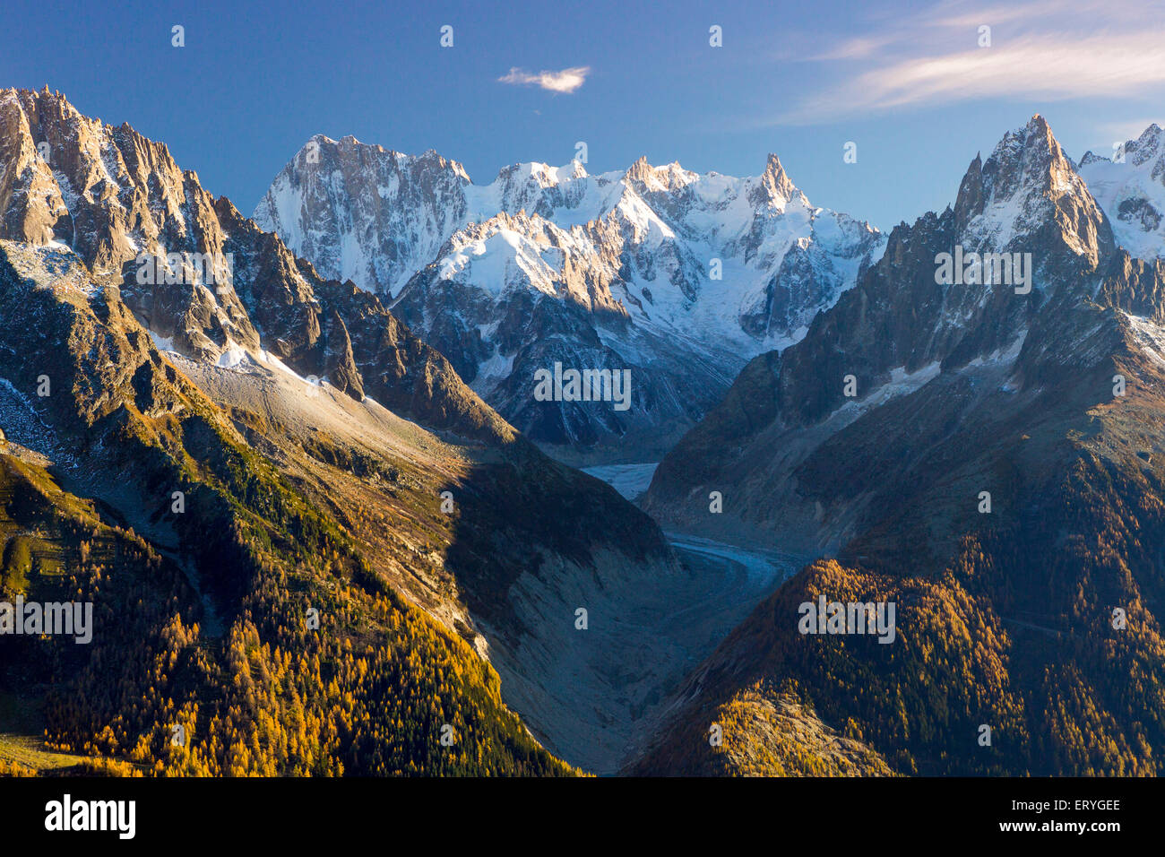 Mer de Glace glacier surrounded by peaks of Mont Blanc, Chamonix, Rhone-Alpes, France Stock Photo