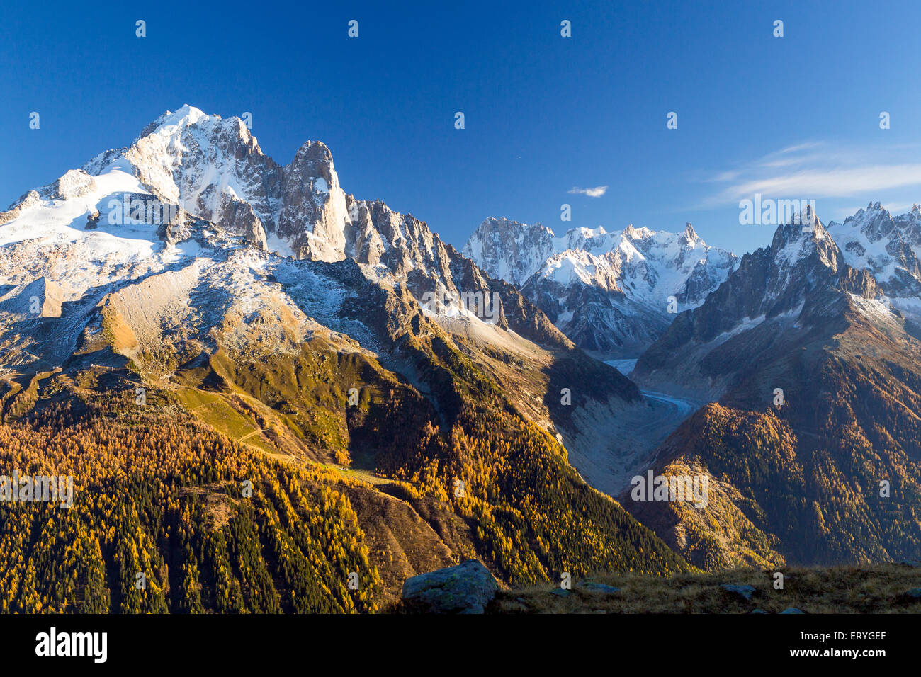 Mer de Glace glacier surrounded by peaks of Mont Blanc, Chamonix, Rhone-Alpes, France Stock Photo