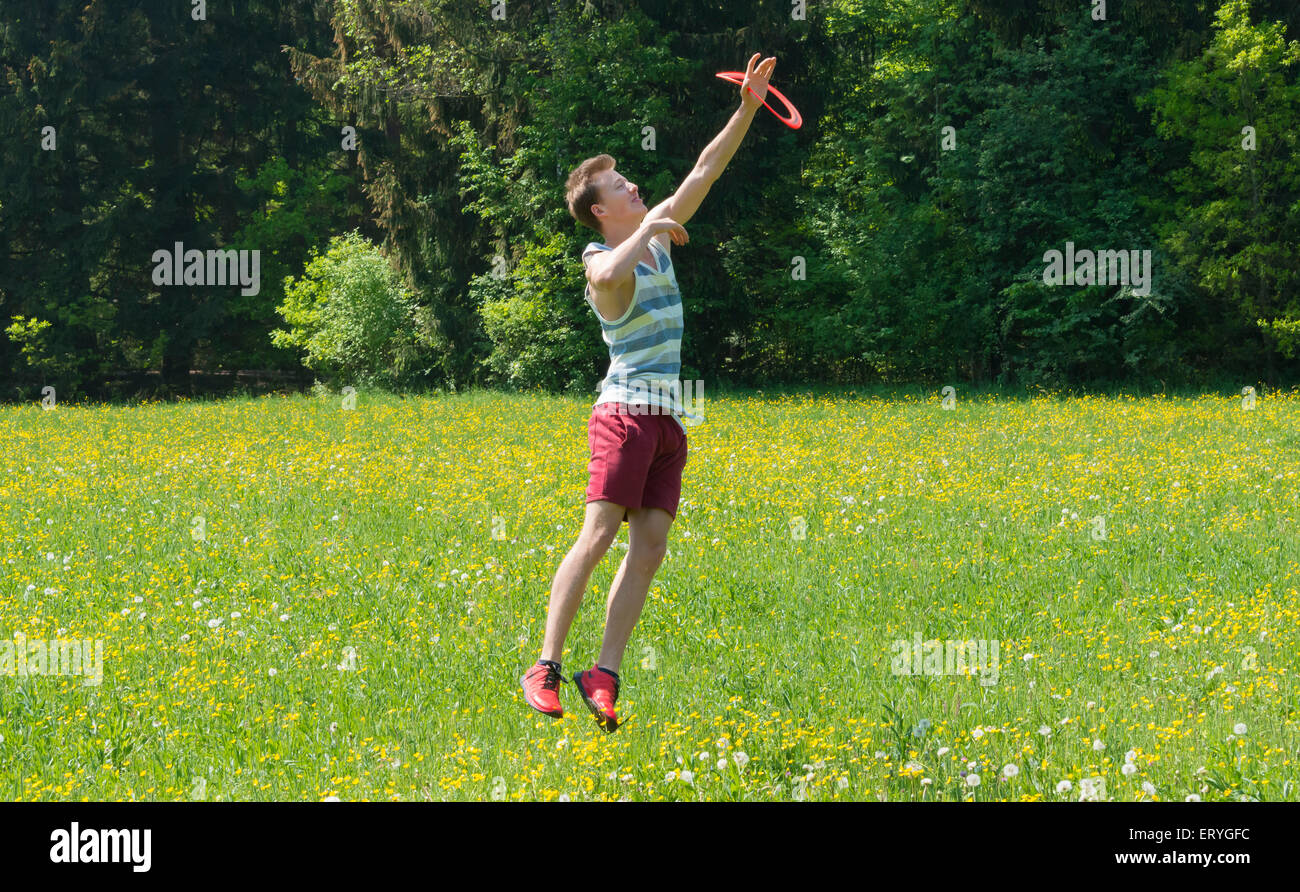 Young man catching frisbee in meadow, Perlacher Forst, Munich, Bavaria, Germany Stock Photo