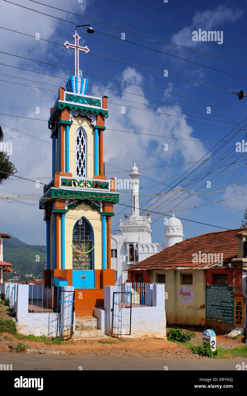 Church and mosque , Coonoor , Ooty , Udagamandalam , Nilgiris , Tamil Nadu , India , Asia Stock Photo