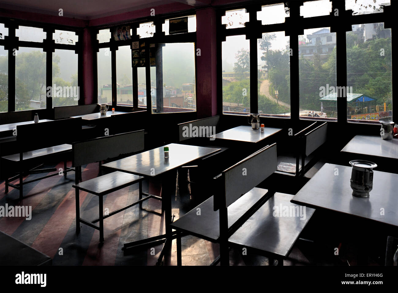 Empty table and chairs in restaurant , Bhowali , Nainital , Uttaranchal , Uttarakhand , India , Asia Stock Photo