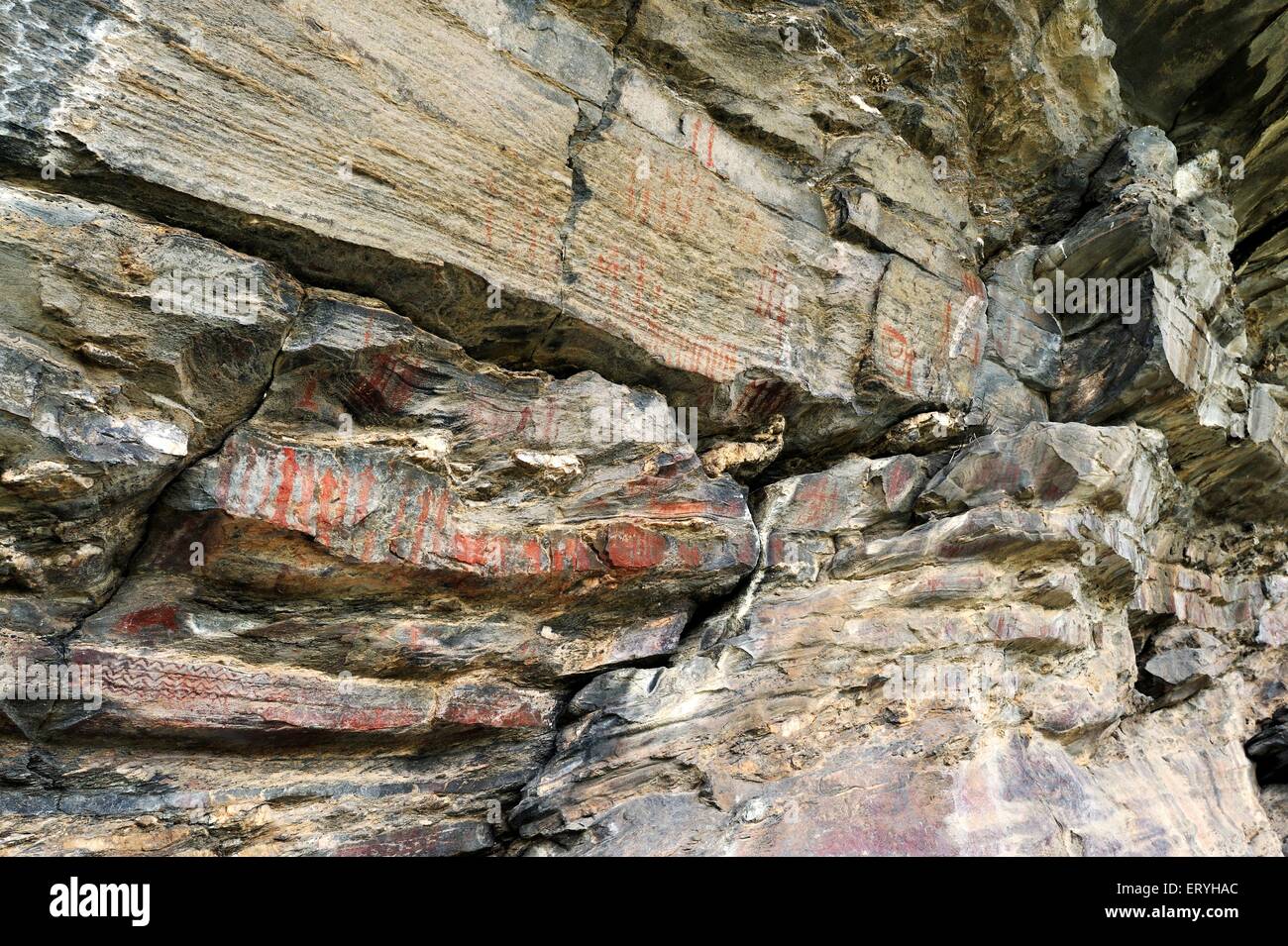 Lakhudiyar caves rock painting , Barechhina village , Almora , Uttaranchal , Uttarakhand , India , Asia Stock Photo