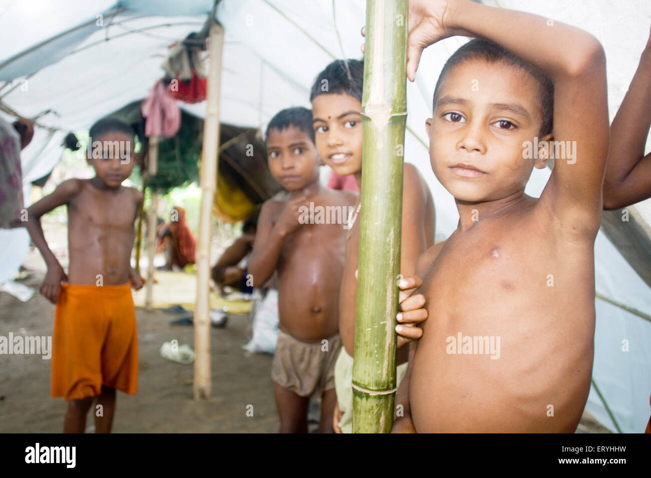 View of rescue (relief) camp ; flood at Kosi river in year 2008 ; Purniya district ; Bihar ; India Stock Photo