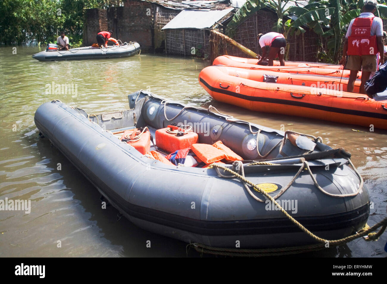 Rescue dinghy boats , Kosi river flood , Koshi , Purnea , Purnia district , Bihar , India , Asia Stock Photo