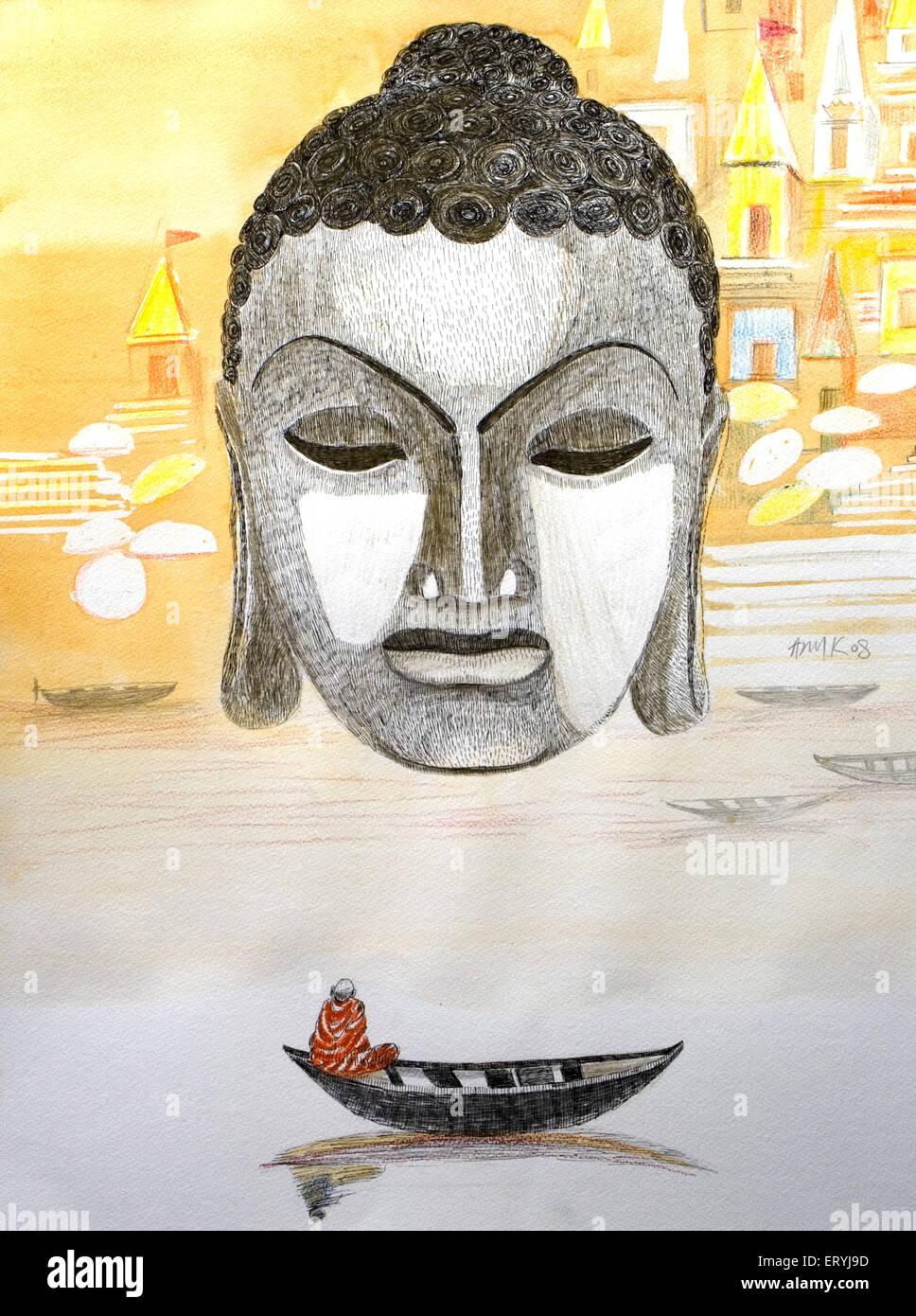 Painting of  buddha and varanasi ghat ; Uttar  Pradesh ; India Stock Photo
