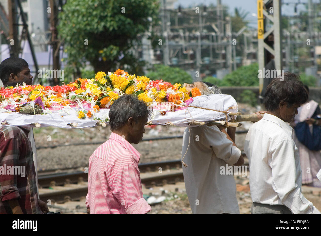 Men carrying Hindu female dead body for cremation , Bombay ,  Mumbai , Maharashtra , India , Asia Stock Photo