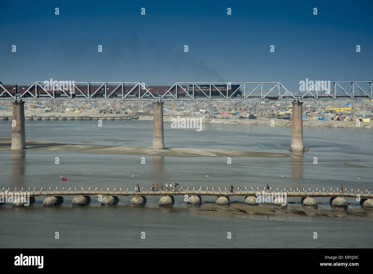 train on railway bridge at allahabad uttar pradesh India Stock Photo