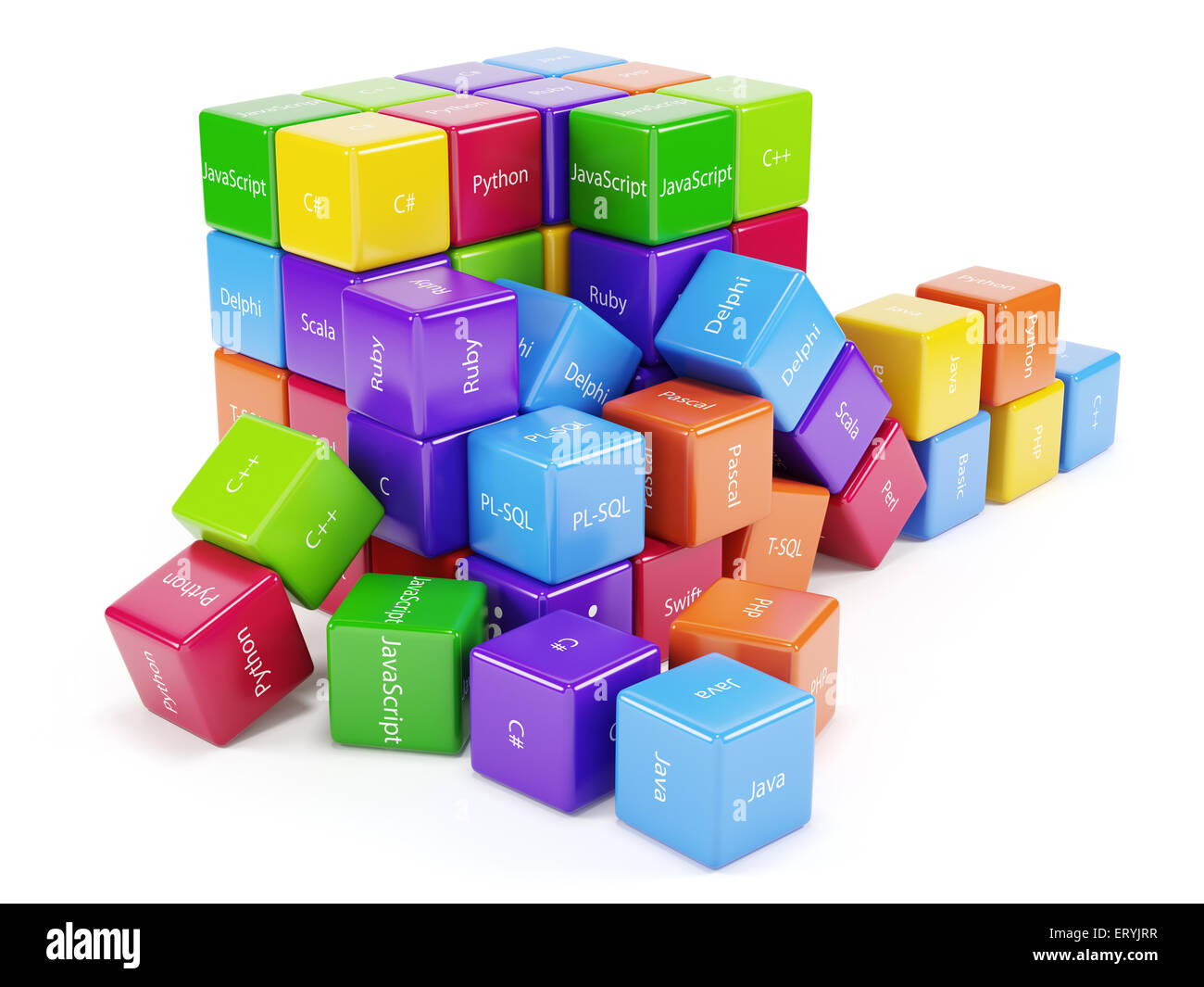 Programming concept. Different machine code languages colorful boxes ...