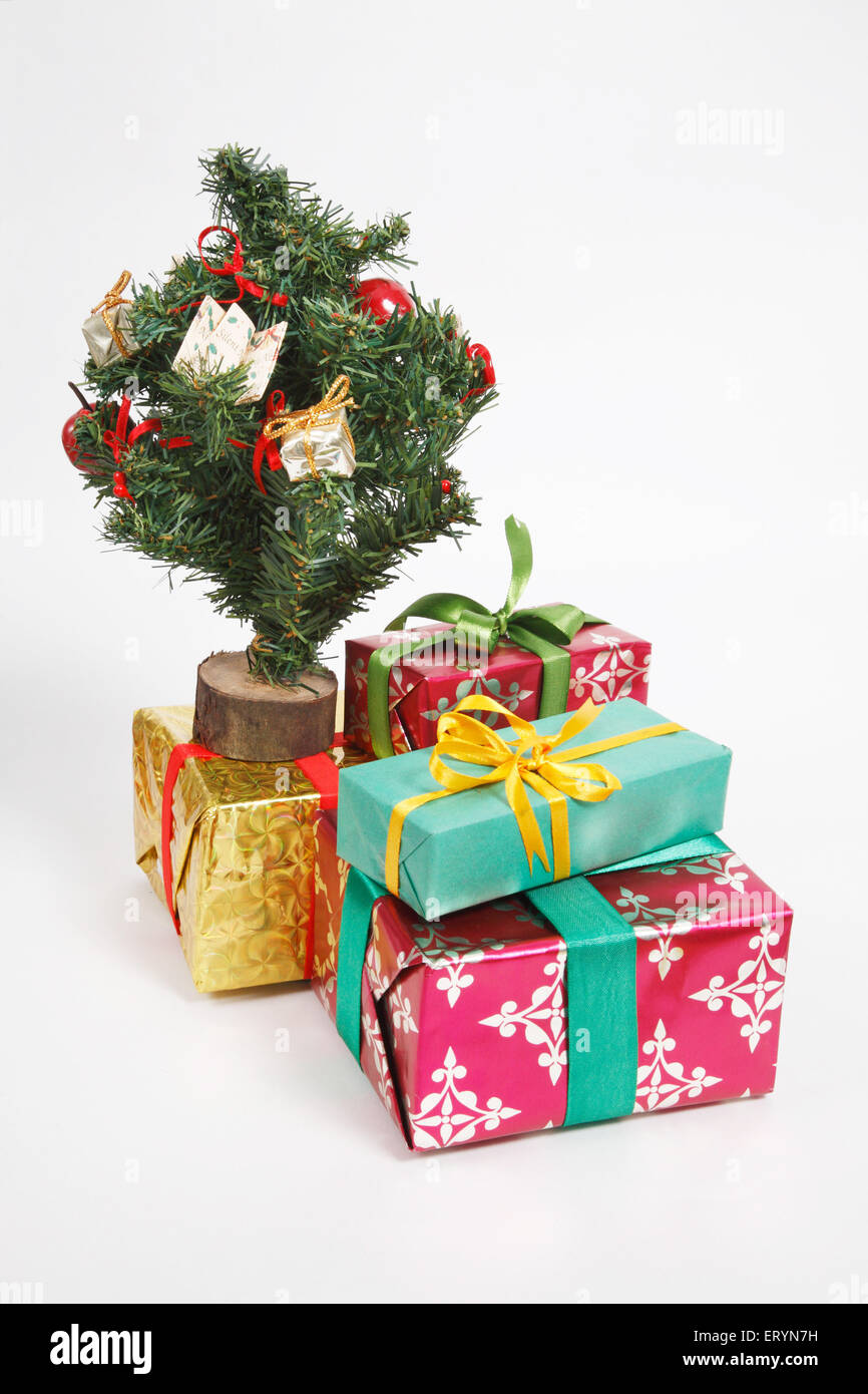Gift boxes with Christmas tree in Christmas festival Stock Photo