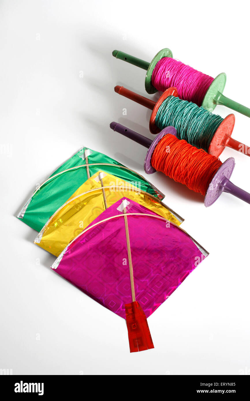 Colourful kites and thread manja firki on makar sankranti festival