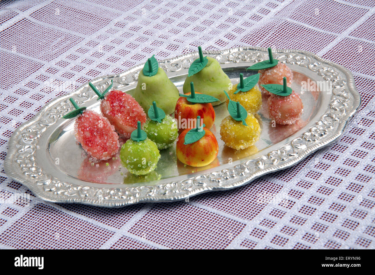 Sweet apple pear and Strawberry in Siver Plate India PR#743AH Stock Photo