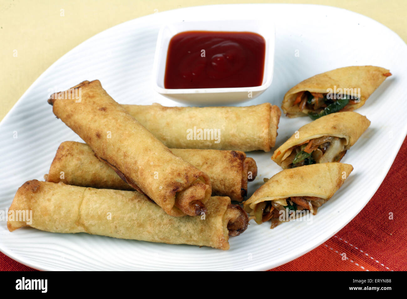 Chinese food  Vegetable spring rolls arranged on plate India PR#743AH Stock Photo