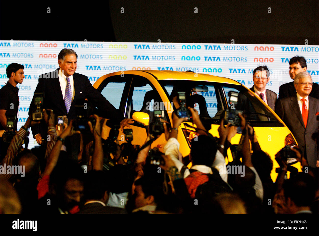 Ratan Tata Chairman , Nano car launch , Tata Motor , Tata Nano , smallest cheapest affordable hatchback car , Bombay , Mumbai , Maharashtra , India Stock Photo