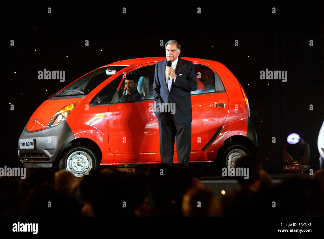 Ratan Tata Chairman , launching Nano car , Tata Motor , Tata Nano , smallest cheapest affordable hatchback car , Bombay , Mumbai , Maharashtra , India Stock Photo