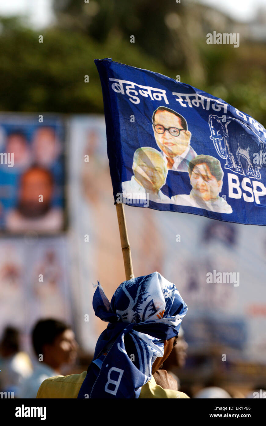 Bahujan Samaj Party , BSP , political party flag , President Mayawati , election campaign rally , Bombay , Mumbai , Maharashtra , India , Asia Stock Photo