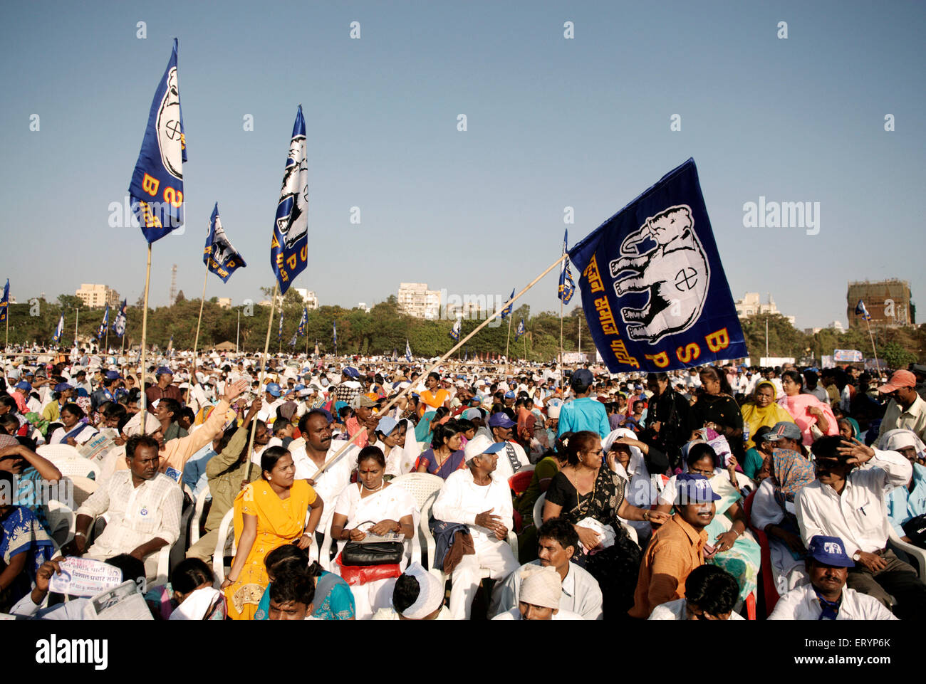 Bahujan Samaj Party , BSP , political party flags , President Mayawati , election campaign rally crowd , Bombay , Mumbai , Maharashtra , India , Asia Stock Photo
