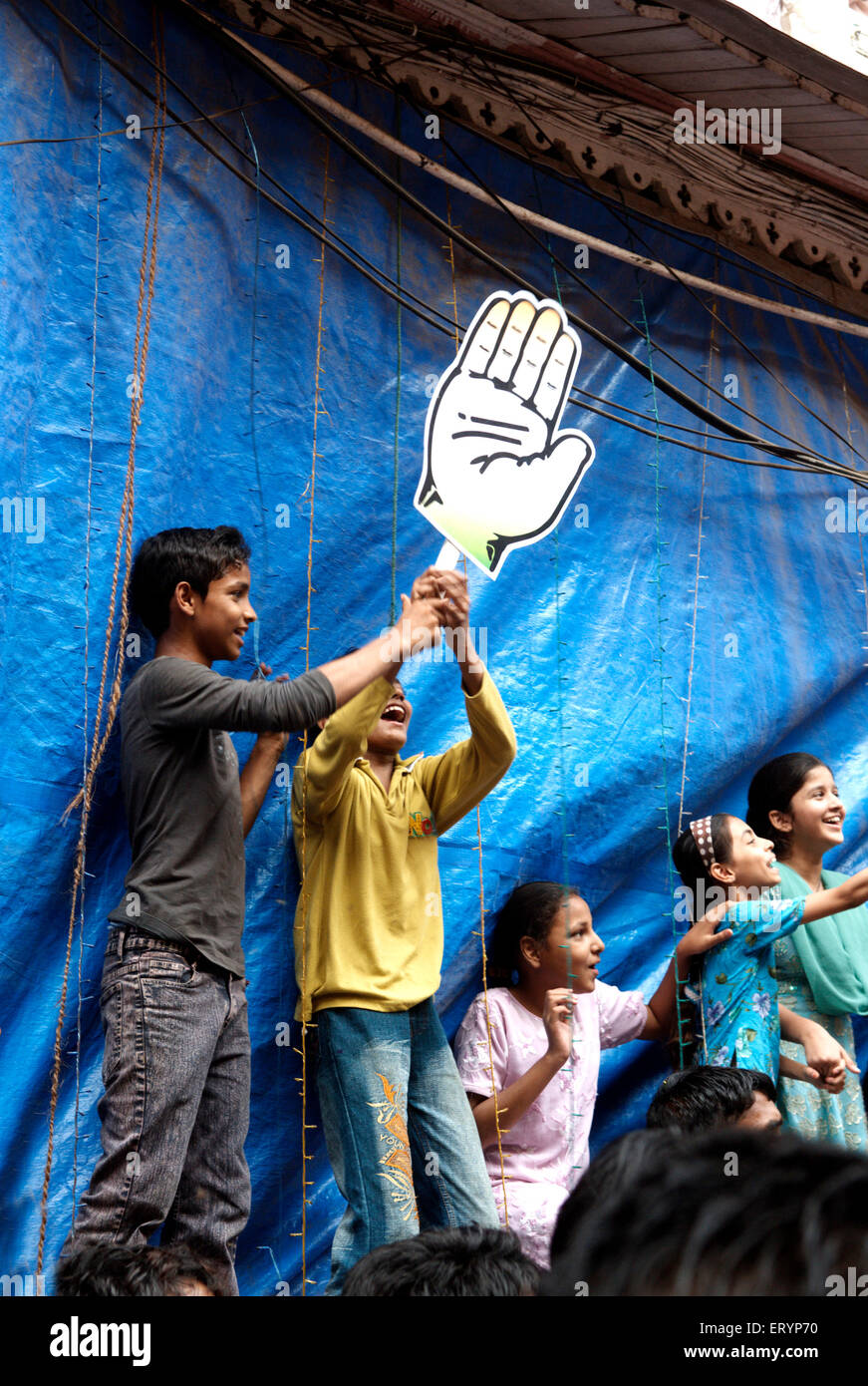 Indian election campaign , Indian National Congress party hand symbol , Bombay , Mumbai , Maharashtra , India , Asia Stock Photo