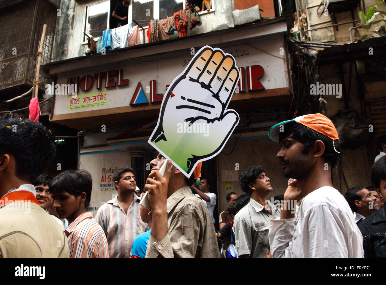 Indian election campaign , Indian National Congress party hand symbol , Bombay , Mumbai , Maharashtra , India , Asia Stock Photo