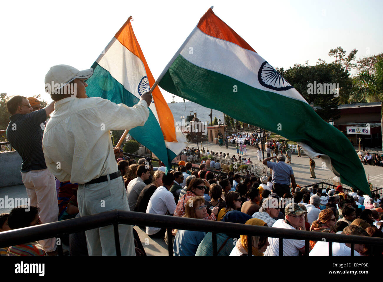 Wagah Attari border ceremony , lowering of the flags ceremony , Wahga , Wagha , Wahgah , Punjab , India , Asia Stock Photo