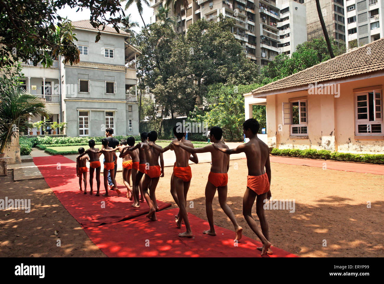 Blind students of Victoria Memorial school performing mallakhamb skills ; Bombay Mumbai ; Maharashtra ; India 25 March 2009 Stock Photo