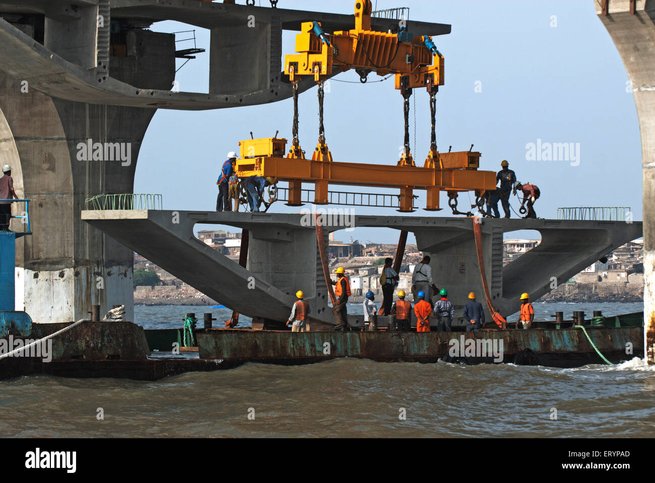 Giant iron truss used to lift last block in construction Bandra Worli Sea link at Worli Bombay Mumbai Stock Photo