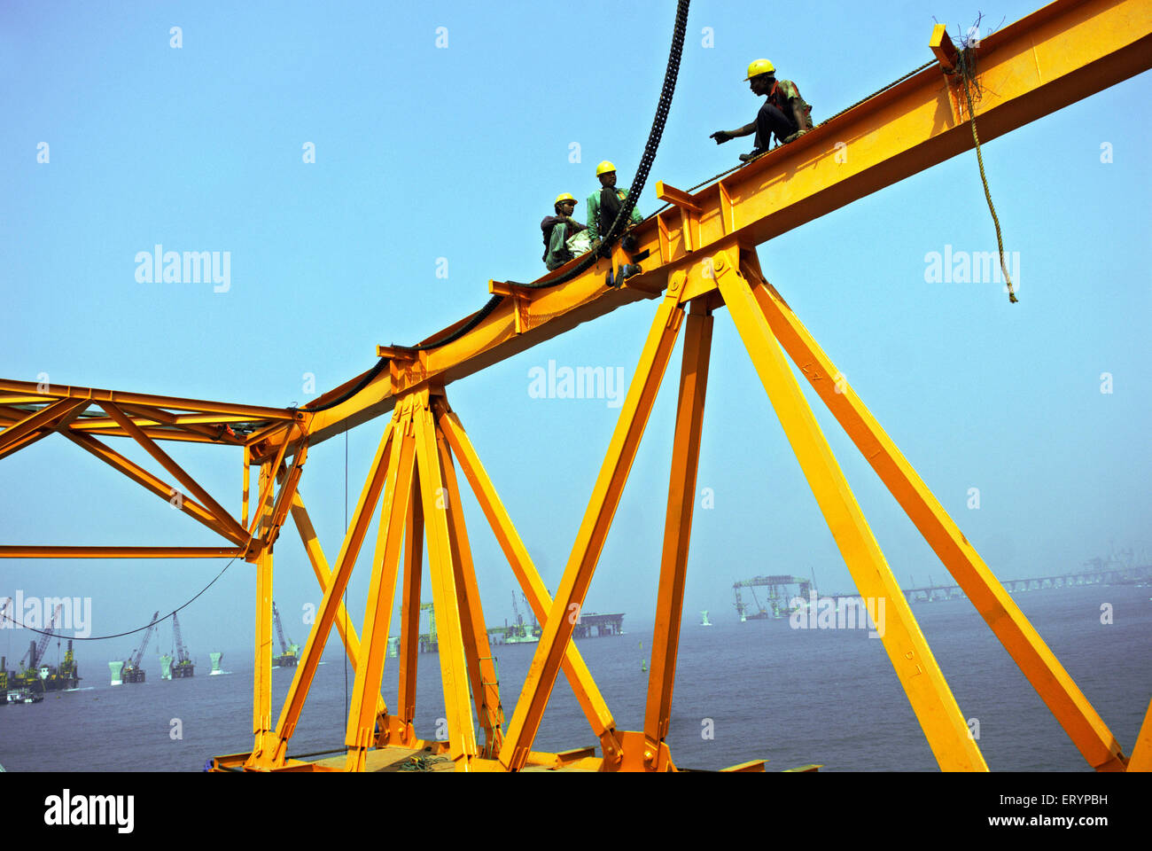 Giant iron truss used to lift last block in construction Bandra Worli Sea link at Worli Bombay Mumbai Stock Photo