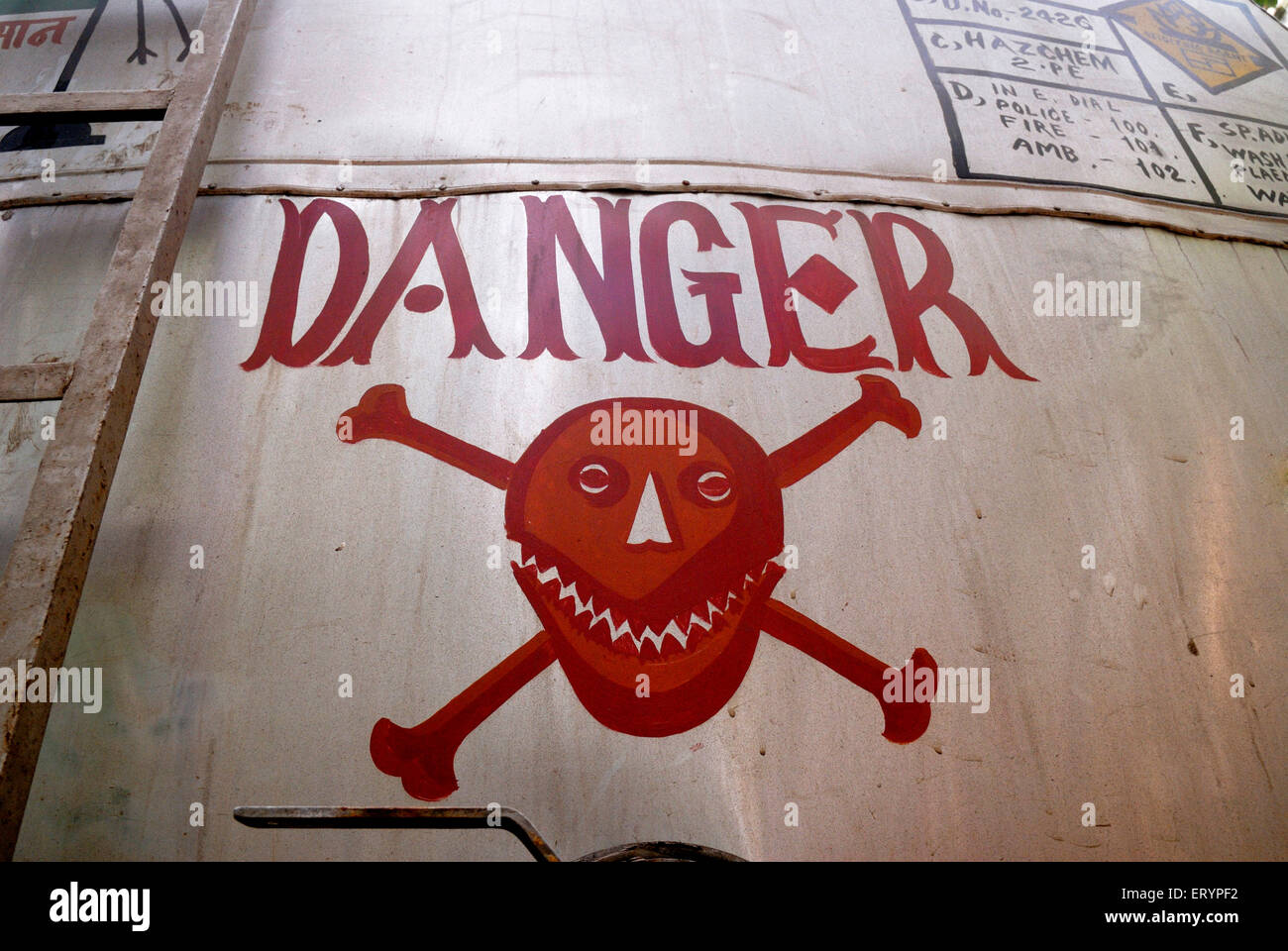 Skull which symbolizes danger sign on tanker which carries hazardous chemicals in Bombay Mumbai ; Maharashtra ; India Stock Photo