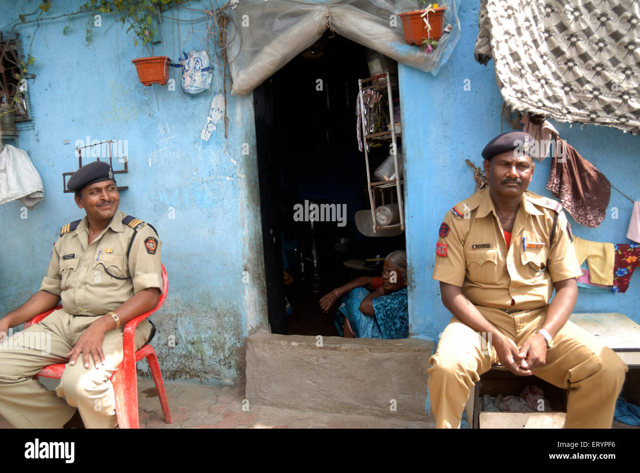 24th September 2008 ; Police personnel take guard in Dalit colony on background of verdict in massacre of Dalit family Stock Photo