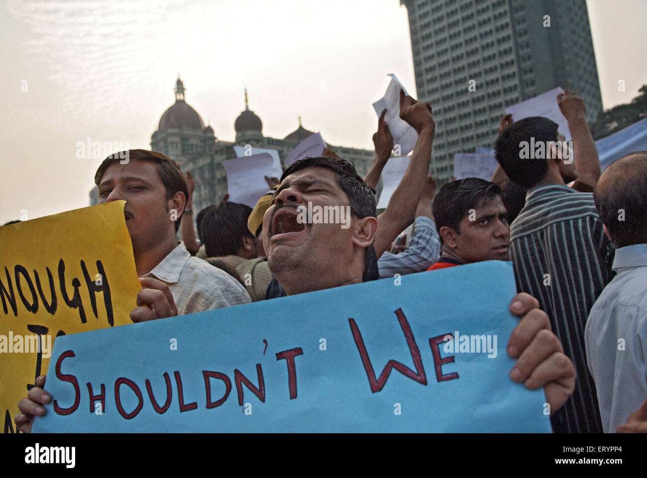 Protester holding banner after terrorist attack by deccan mujahedeen in Bombay Mumbai  ; Maharashtra Stock Photo