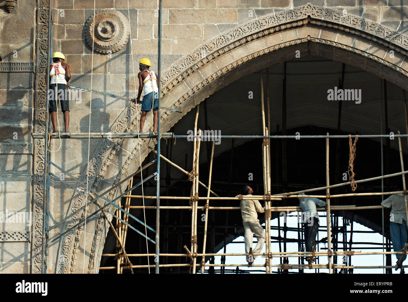 Bamboo scaffolding , Gateway of India repairing , Colaba , Bombay ,  Mumbai , Maharashtra , India , Asia Stock Photo
