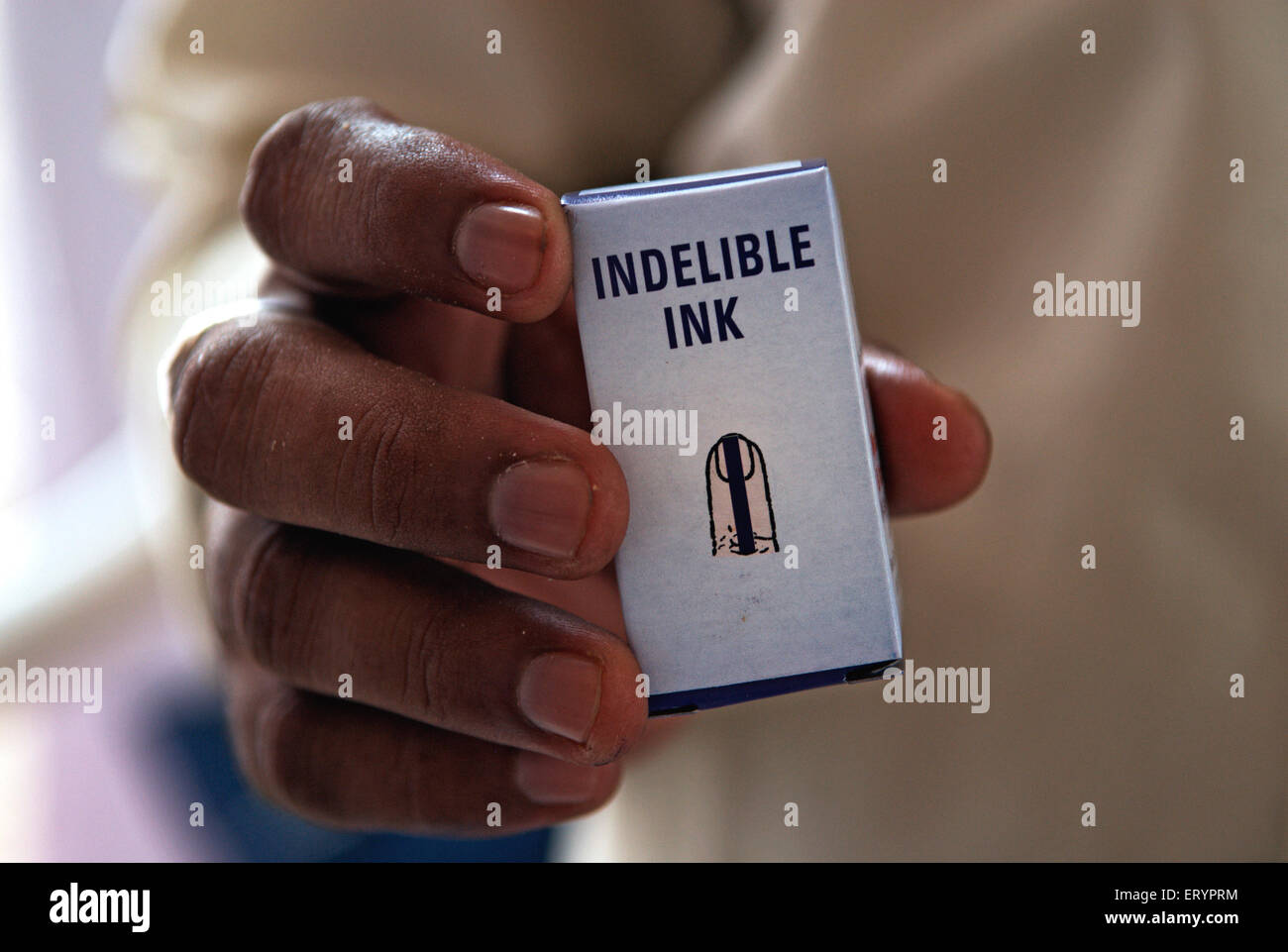 Indian elections , indelible ink bottle box with finger marking , Bombay , Mumbai , Maharashtra , India , Asia Stock Photo