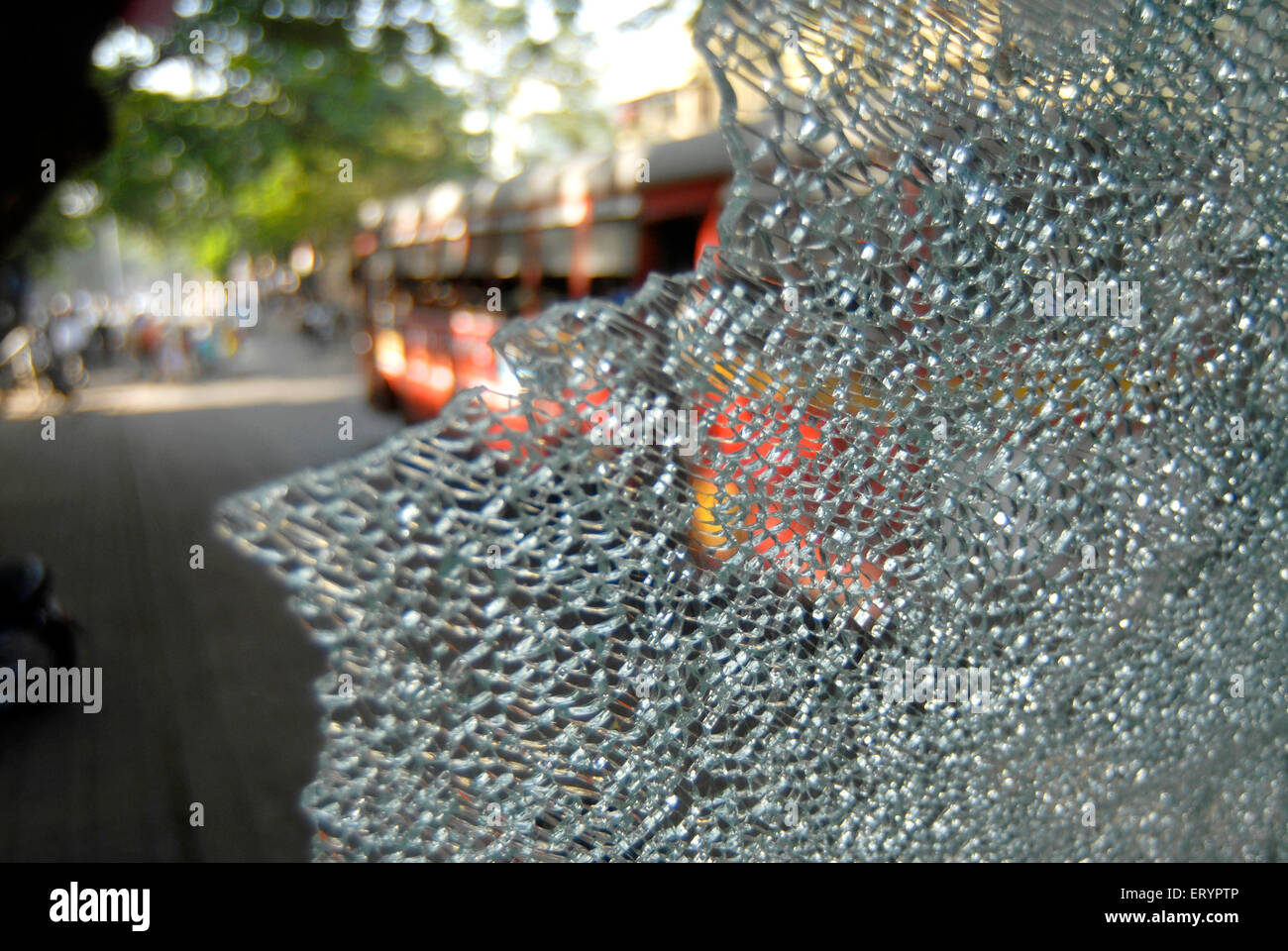 Shattered car windscreen glass , broken by MNS , Maharashtra Navnirman Sena activists , Mulund ; Bombay , Mumbai ; Maharashtra ; India , Asia Stock Photo