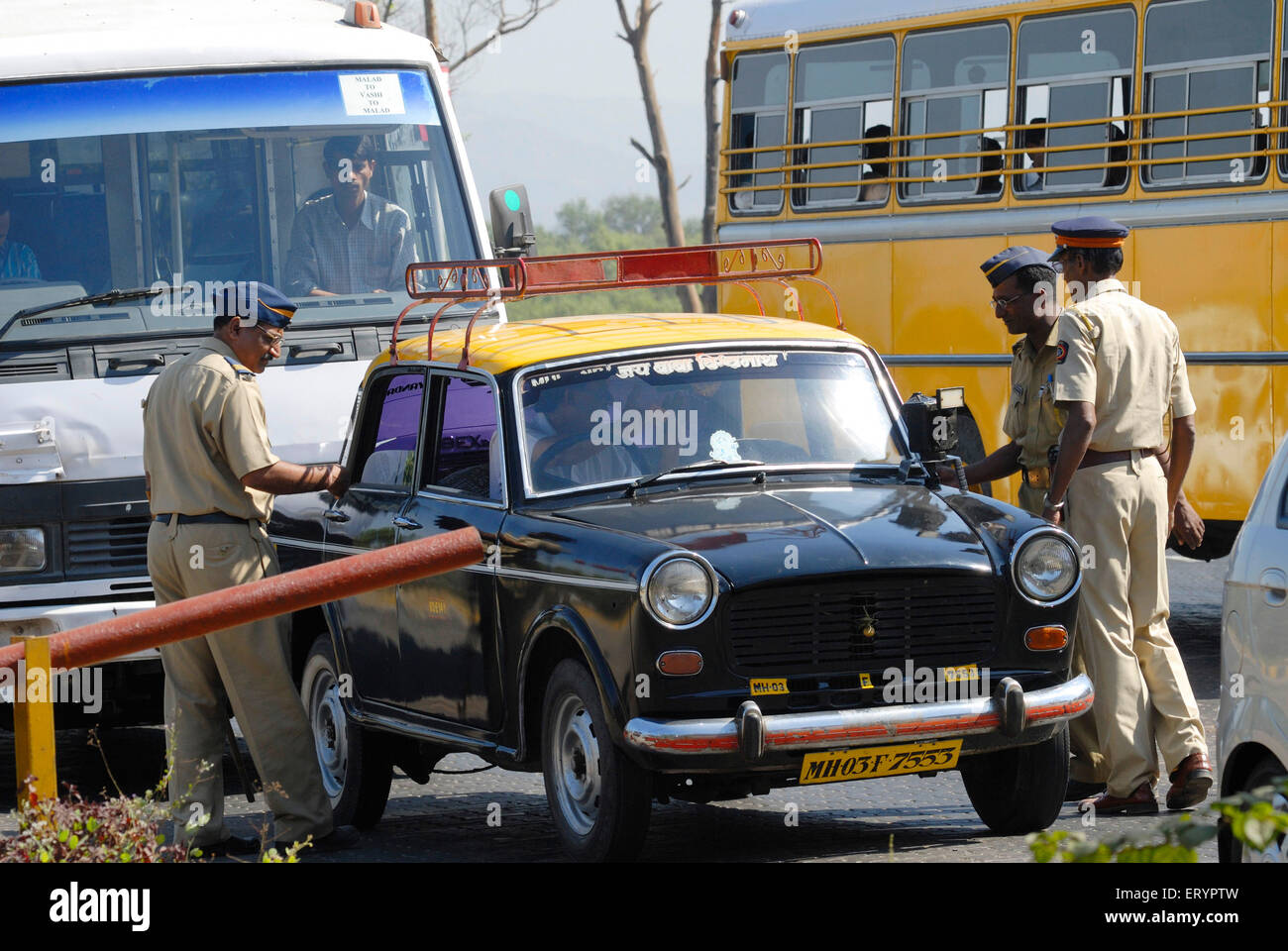 Police security checking vehicles , Airoli , Bombay , Mumbai ; Maharashtra ; India , asia Stock Photo
