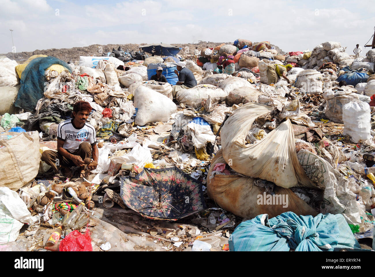 Rag picker collecting garbage , Landfill , waste dumping ground , Deonar , Bombay , Mumbai , Maharashtra , India , Asia Stock Photo