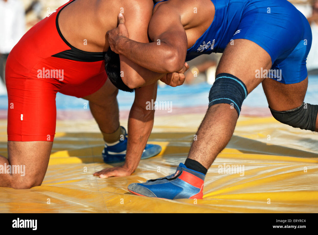 Indian wrestling , pehlwani , kushti , kushtee , koshti , pahlevani , malla yuddha , wrestlers , wrestling match , Nanded , Maharashtra , India , Asia Stock Photo