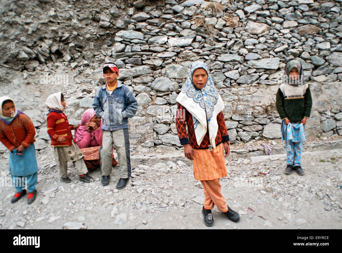 Kashmiri boys and girls , Chutak Hydroelectric Plant project , Suru River , Sarze village , Kargil , Ladakh , Jammu and Kashmir ; India , Asia Stock Photo