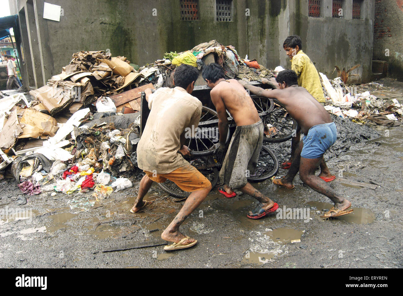 Boys dumping garbage, Bombay, Mumbai, Maharashtra, India, Asia Stock Photo