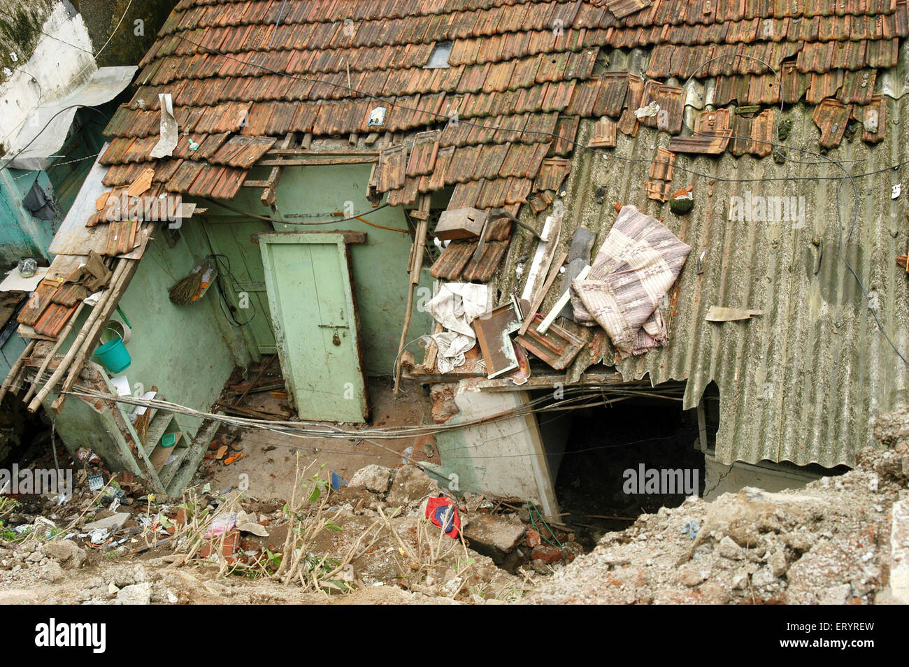 Hut destroyed after landslide , Bhandup , Bombay, Mumbai, Maharashtra, India, Asia Stock Photo