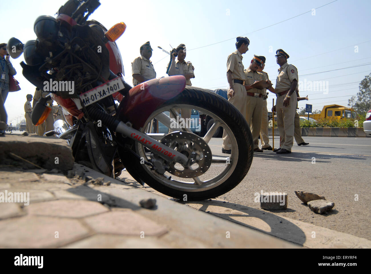 Bike accident , damaged motorcycle , Eastern Express Highway , Bombay , Mumbai , Maharashtra , India , Indian accident , Asia Stock Photo