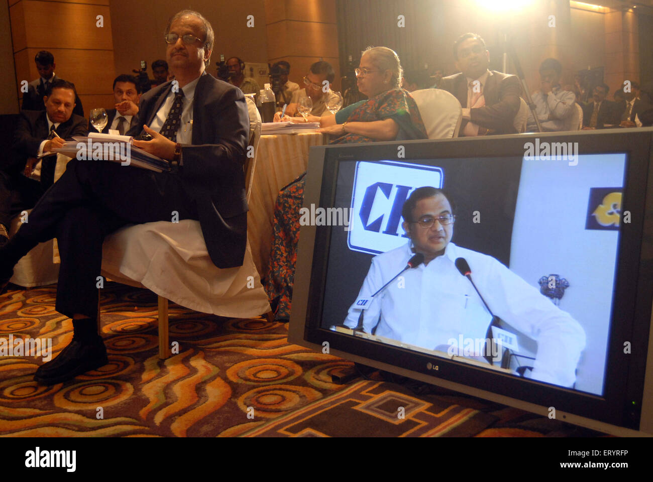 P. Chidambaram , speaking at CII , Palaniappan Chidambaram , Indian politician , attorney , Member of Parliament , Rajya Sabha , India , Asia Stock Photo