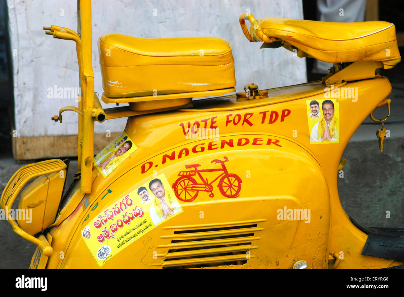 TDP , Telugu Desam Party leader D. Nagender painted on scooter for election campaign , Hyderabad , Andhra Pradesh , Telengana , India , Asia Stock Photo